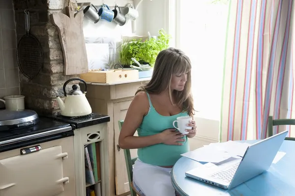 Mulher grávida com laptop — Fotografia de Stock