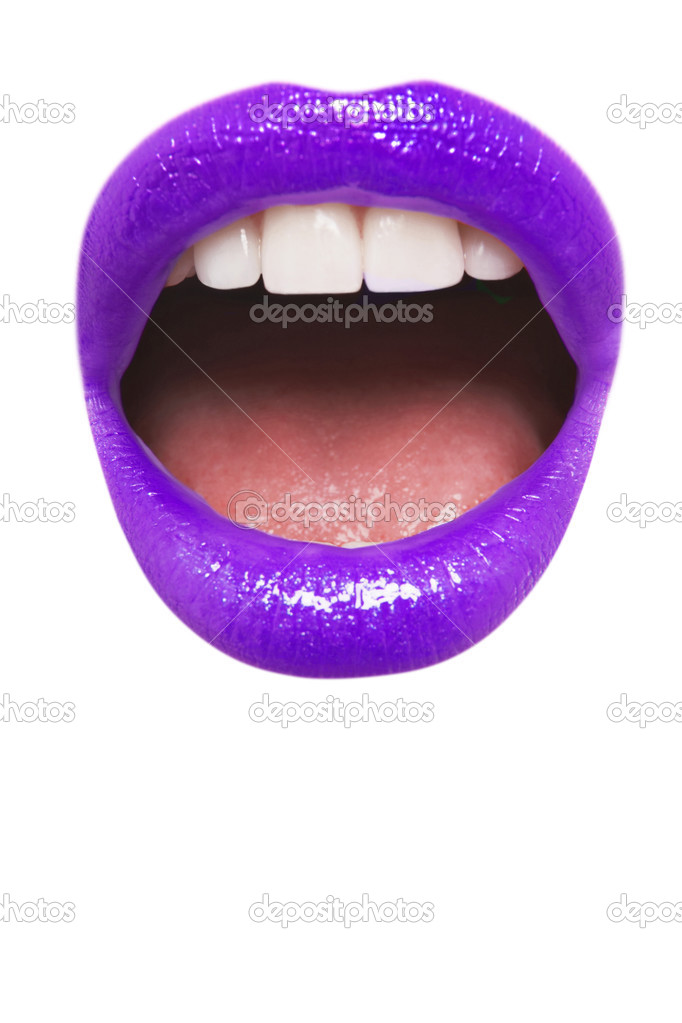 Purple lipstick with mouth open