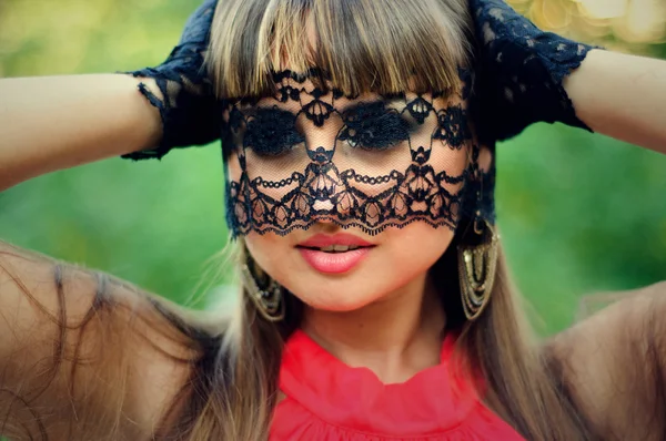Sensual woman with a black lace veil — Stock Photo, Image