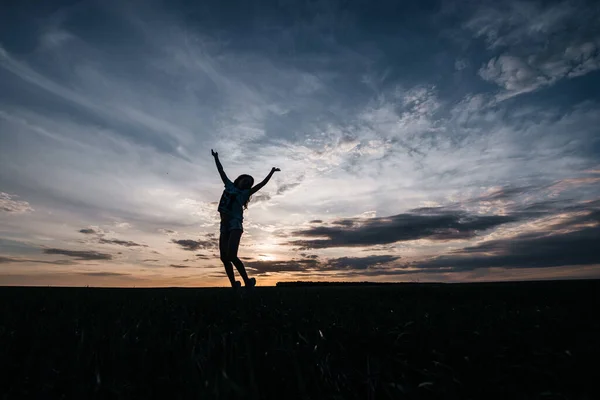 Silhouette Girl Jumping Field Sunset Background — Stock Photo, Image