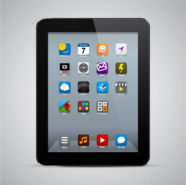Realistische zwarte tablet met apps. — Stockvector