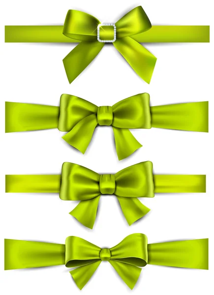 Satin green ribbons. Gift bows. — Stock Vector