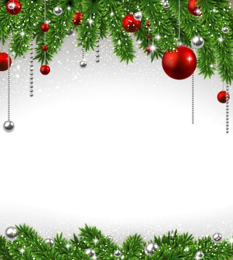 Köknar dalları ve toplarıyla Noel arkaplanı.