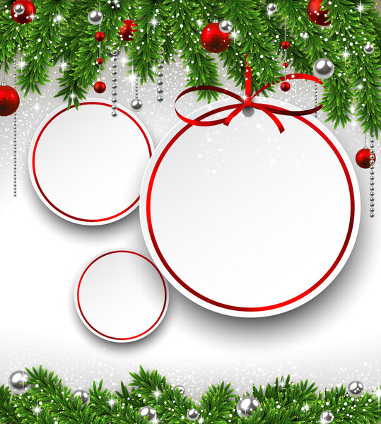Christmas background with fir branches and balls.