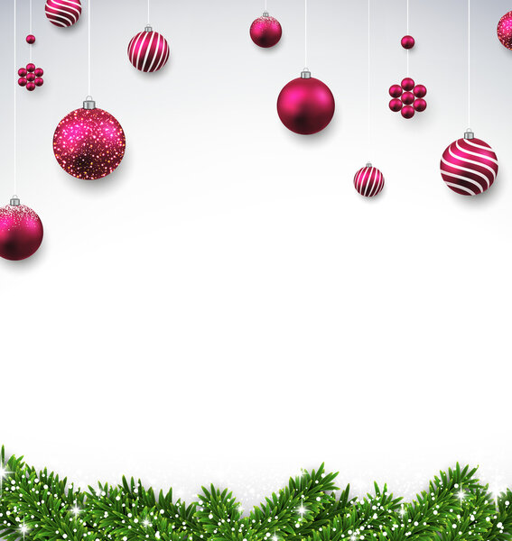 Christmas background with fir branches and balls.