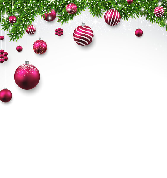 Christmas background with fir branches and balls.