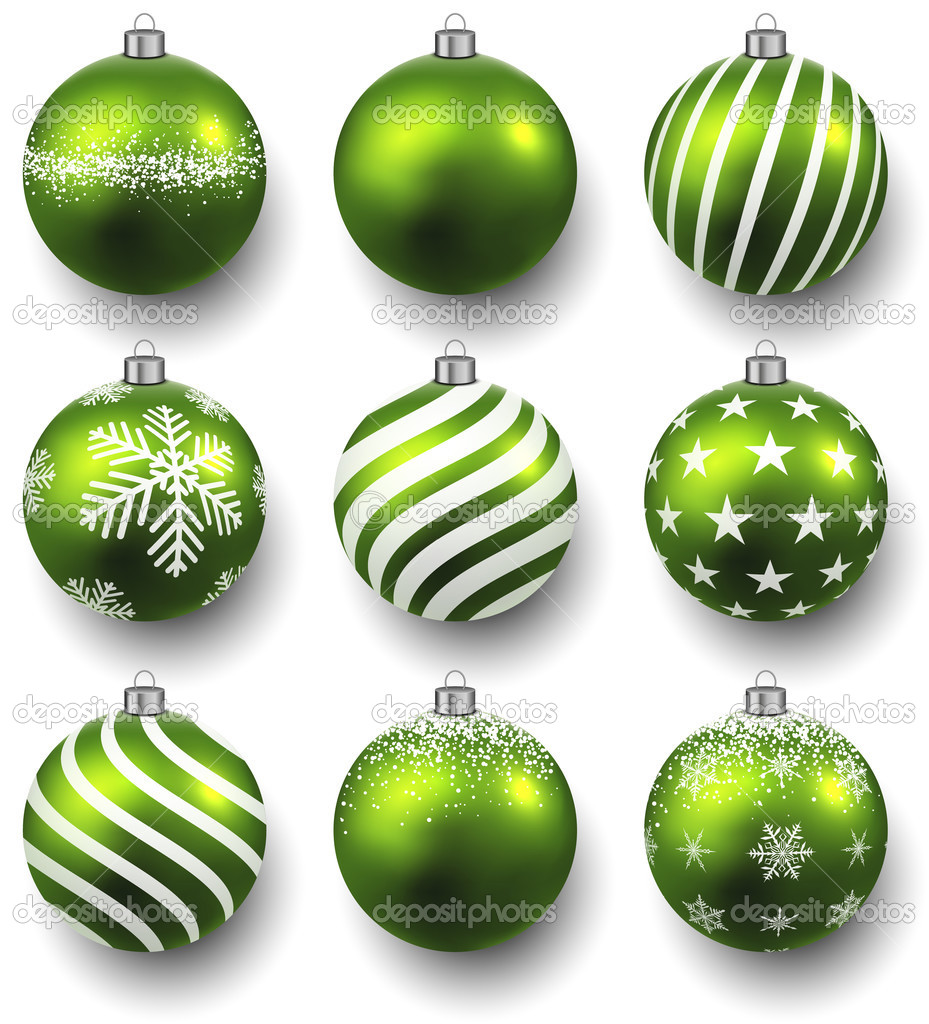Set of realistic green christmas balls.