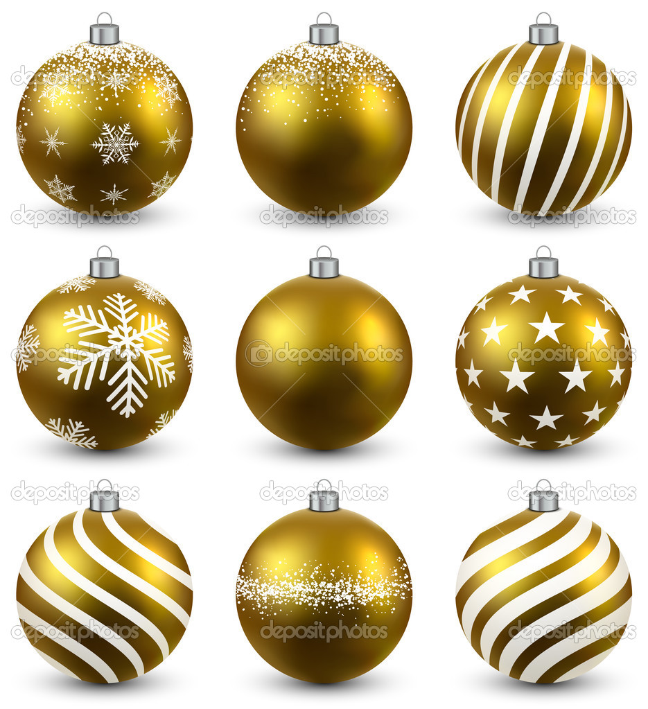 Set of realistic golden christmas balls.
