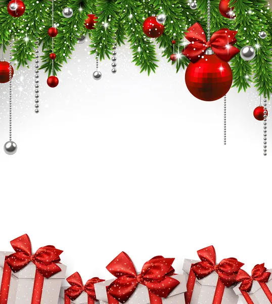 Weihnachten Hintergrund mit Tannenzweigen und Kugeln. — Stockvektor