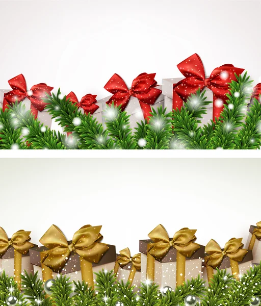 Christmas banners with fir branches gift boxes. — Stock Vector