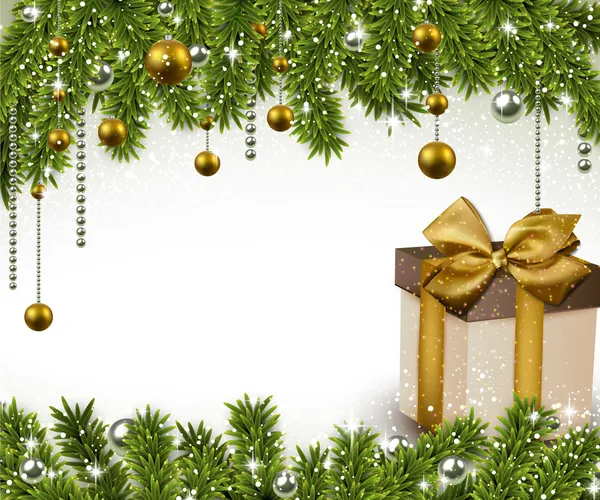 Рождественский фон с еловыми ветками и подарочной коробкой . — стоковый вектор