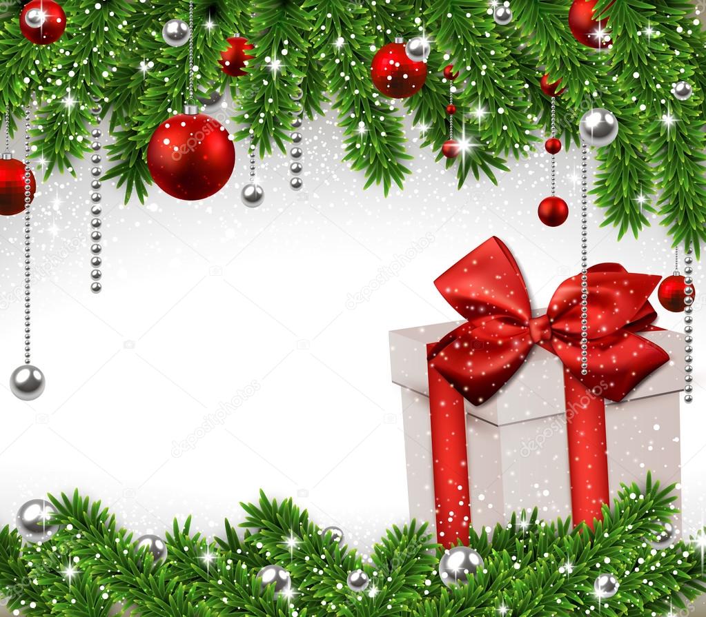 Christmas background with fir branches and gift box.
