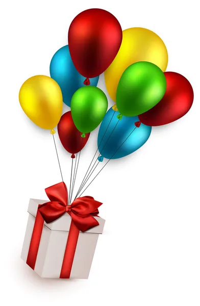 Geschenkbox auf bunten Luftballons. — Stockvektor