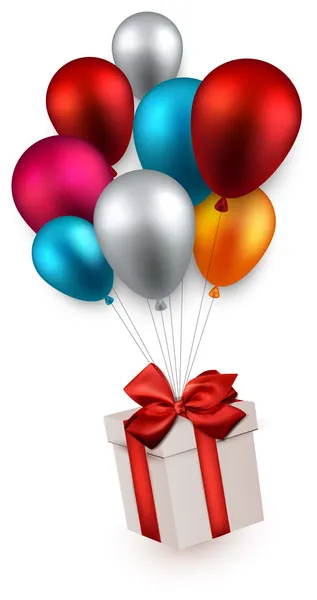 Gift box on colorful balloons. — Stock Vector