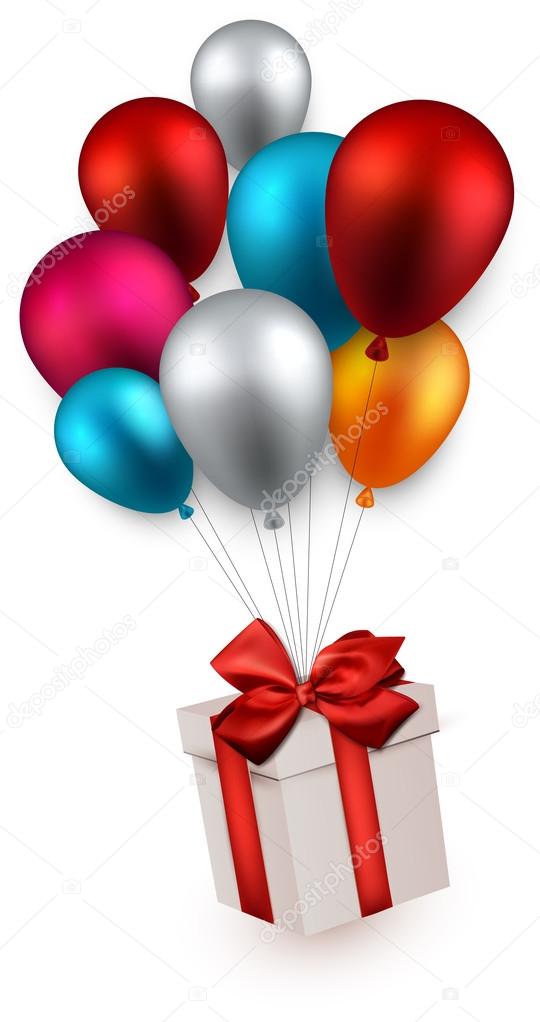 Gift box on colorful balloons.