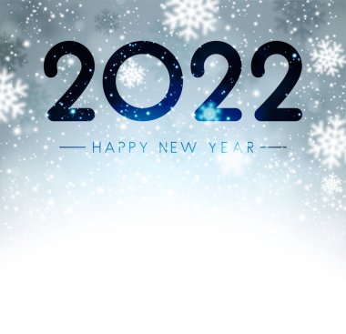 Bokeh kar tanelerinin arka planında sis camlı 2022 tabelası var. Vektör tatil illüstrasyonu.