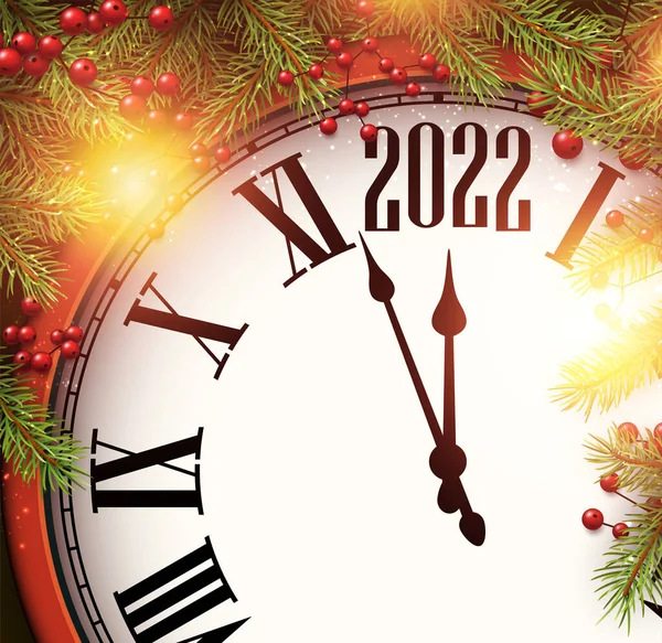 Relógio Ano Novo Mostrando 2022 Com Ramos Abeto Bagas Vermelhas — Vetor de Stock