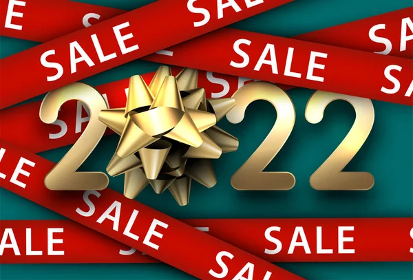 金色2022年标志与弓 红色圣诞冬季销售带 矢量说明 — 图库矢量图片