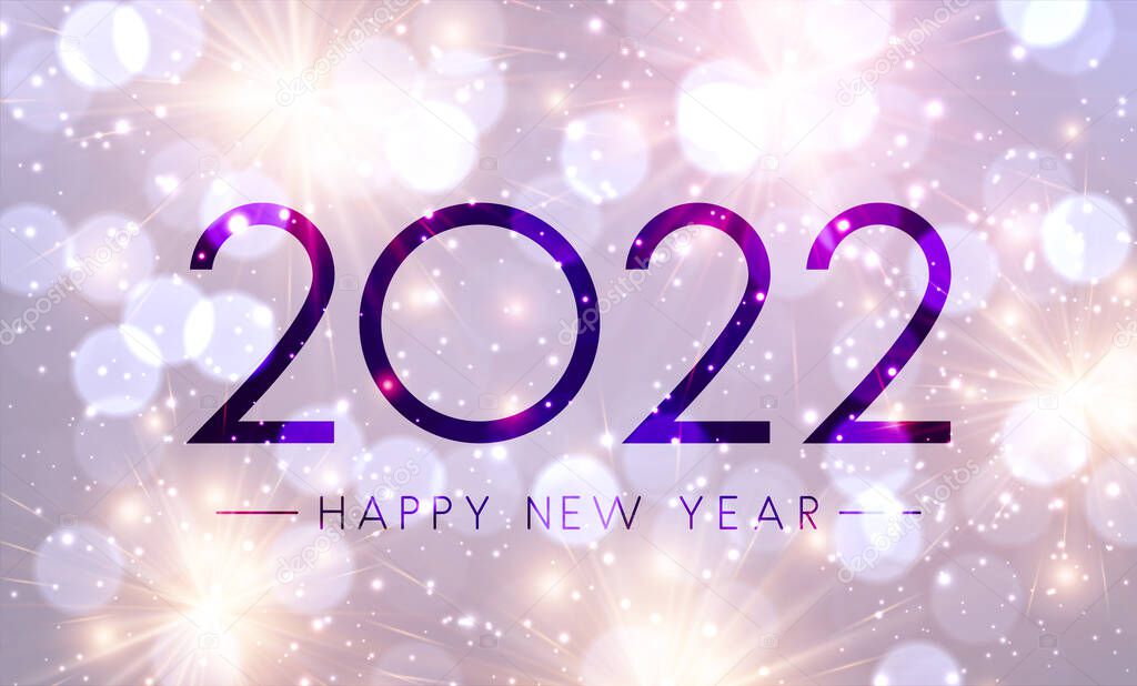 Fogged glass 2022 sign on fireworks bokeh background. Happy new year. Vector festive illustration.