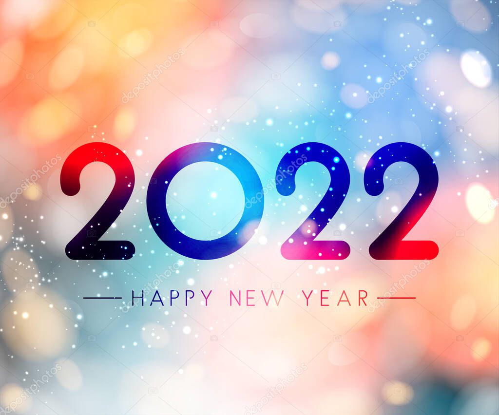 Fogged glass 2022 sign on colorful bokeh background. Vector festive illustration.