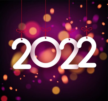Mor bokeh arka planına beyaz 2022 işareti asılıyor. Vektör Festivali illüstrasyonu.