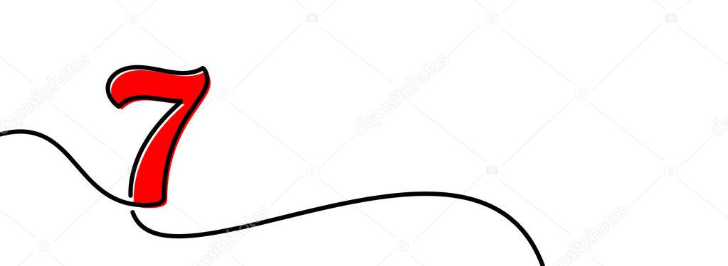Single line drawn red seven 7 number. Continuous line contour. Vector illustration.