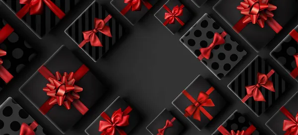 Cajas Regalo Con Fondo Marco Arco Rojo Espacio Para Texto — Vector de stock