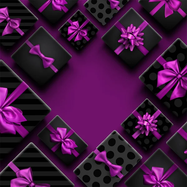 Подарочные Коробки Фиолетовой Бабочкой Фиолетовом Фоне Пространство Текста Векторная Иллюстрация — стоковый вектор