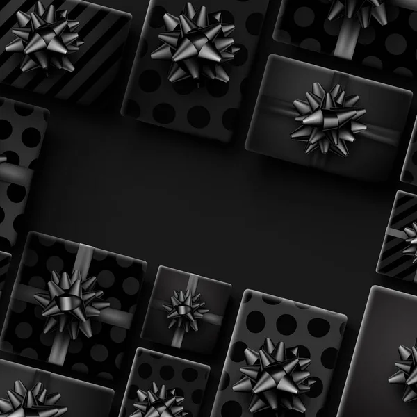 Boîtes Cadeaux Noir Monochrome Avec Beau Fond Cadre Arc Espace — Image vectorielle