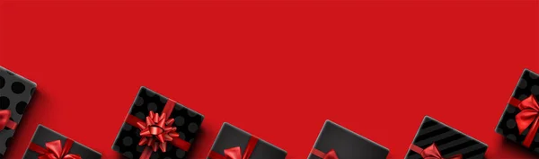 赤い背景に美しい弓を持つギフトボックス テキスト用のスペース ベクターホリデーイラスト — ストックベクタ