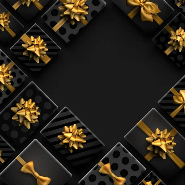 Черные Реалистичные Подарочные Коробки Золотыми Бантами Полосатый Горошек Пространство Текста — стоковый вектор