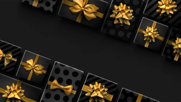 Schwarze Realistisch Verpackte Geschenkboxen Mit Goldenen Schleifen Gestreift Und Gepunktet — Stockvektor