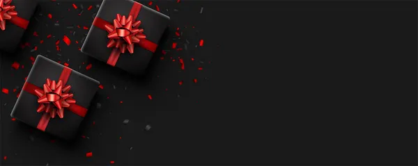 Квадратна Чорна Подарункова Коробка Червоним Бантом Чорно Червона Конфетті Простір — стоковий вектор