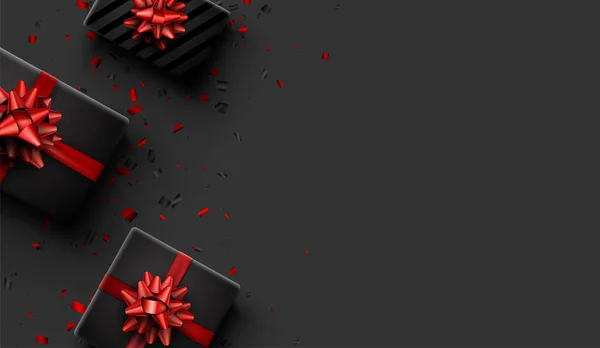 Черная Полосатая Подарочная Коробка Красным Бантом Черно Красные Конфетти Пространство — стоковый вектор