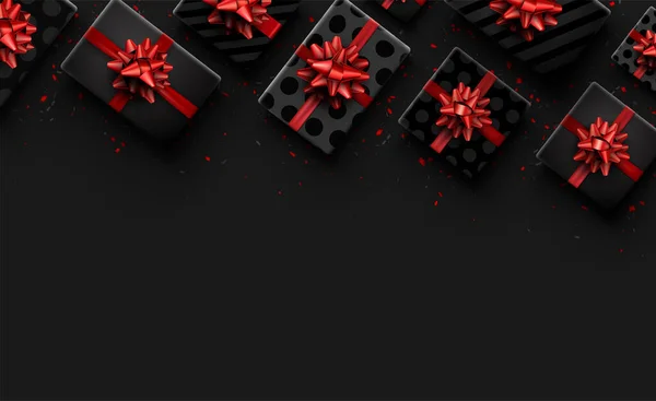 Black Polka Dot Caixa Presente Listrada Com Arco Vermelho Confeitaria — Vetor de Stock