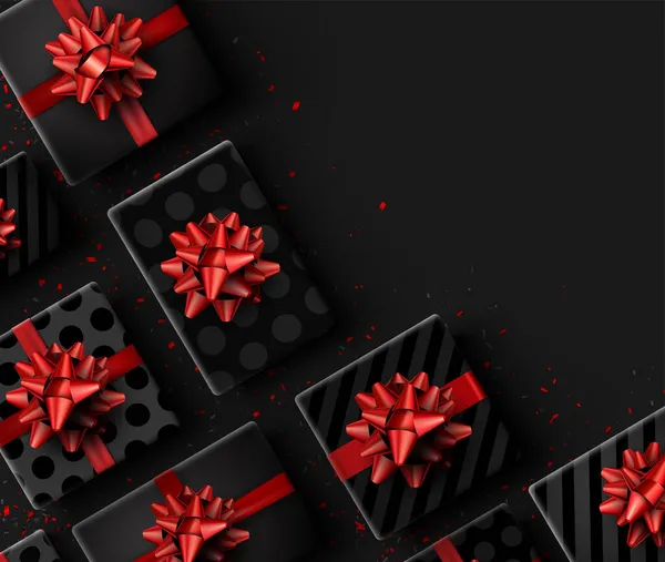 Zwarte Polka Dot Gestreepte Geschenkdoos Met Rode Strik Zwart Rood — Stockvector