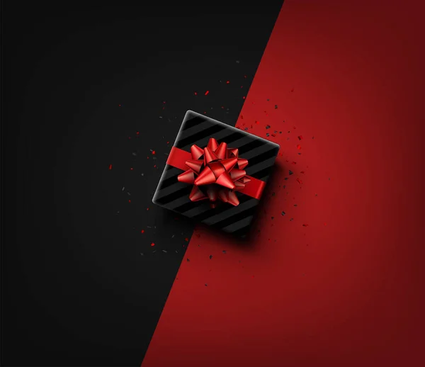 Caja Regalo Rectangular Negra Lunares Con Lazo Rojo Confiti Negro — Vector de stock