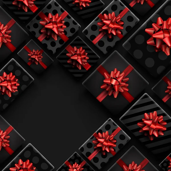 Черные Реалистичные Подарочные Коробки Красными Бантами Полосатый Горошек Пространство Текста — стоковый вектор