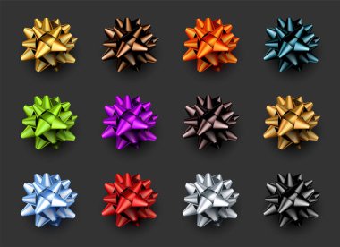 Farklı renklerde folyo yay seti. Kırmızı, altın, yeşil, mavi, gümüş, siyah, mor. Vektör illüstrasyonu.