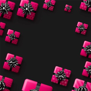 Pembe benekli ve çizgili hediye kutularında siyah fiyonk var. Noel, doğum günü, Sevgililer Günü, tatil aralığı. Üst Manzara. Vektör illüstrasyonu.