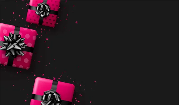 ピンクの水玉ギフトボックスに黒い弓とコンフェッティ クリスマス 誕生日 バレンタインデー 休日のフレーム 最上階だ ベクターイラスト — ストックベクタ