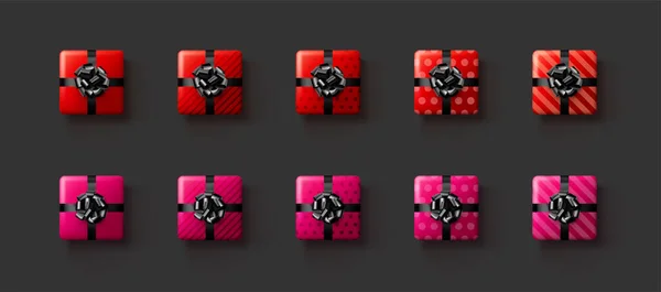 Σετ Από Ροζ Και Κόκκινα Κουτιά Δώρου Όμορφα Μαύρα Φιογκάκια — Διανυσματικό Αρχείο