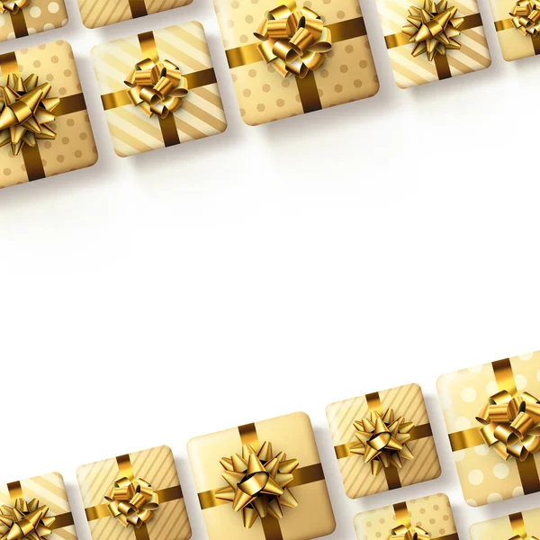 黄色の縞模様と金色の弓とポルカドットギフトボックス クリスマス 誕生日 休日のフレーム 最上階だ ベクターイラスト — ストックベクタ