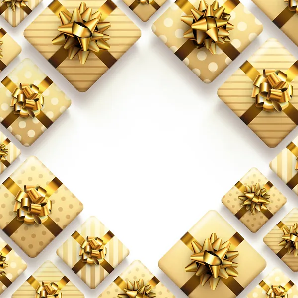 Yellow Striped Polka Dot Gift Boxes Golden Bow Christmas Birthday — Stock Vector
