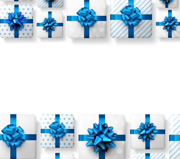 Caixas Presente Listradas Brancas Bolinhas Com Arco Azul Natal Aniversário —  Vetores de Stock