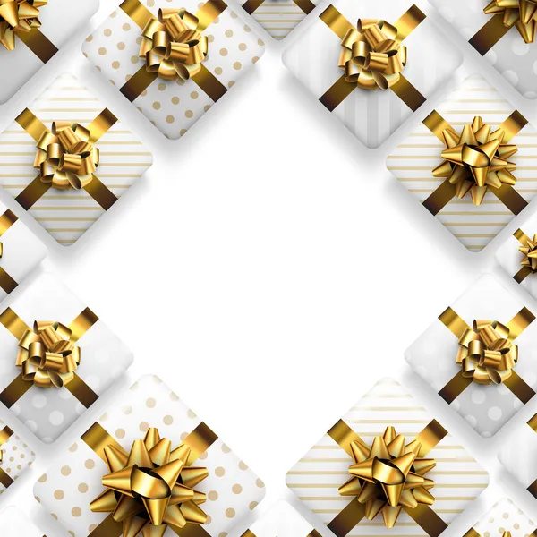 白い縞模様と金色の弓とポルカドットギフトボックス クリスマス 誕生日 休日のフレーム 最上階だ ベクターイラスト — ストックベクタ
