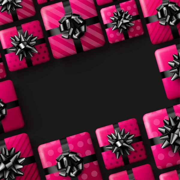 ピンクのストライプと黒の弓とポルカドットギフトボックス クリスマス 誕生日 休日のフレーム 最上階だ ベクターイラスト — ストックベクタ