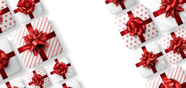 Белая Полосатая Полька Подарочных Коробок Красным Бантом Рождество День Рождения — стоковый вектор