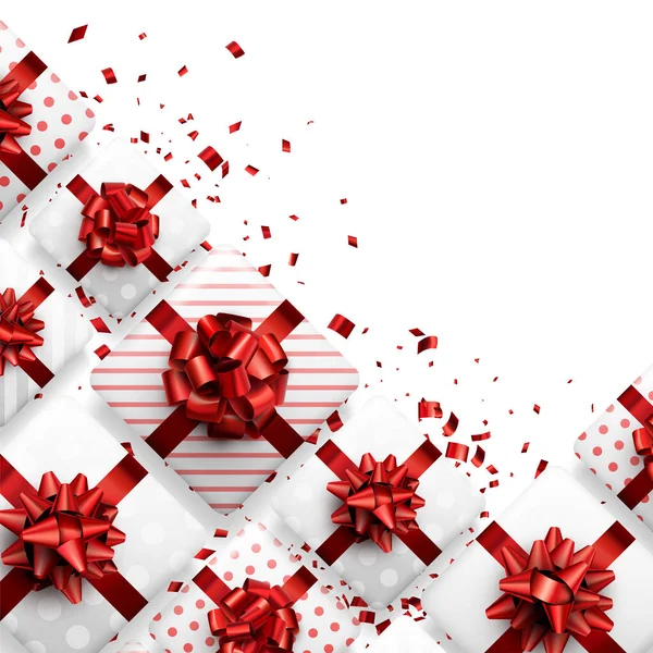Weiß Gestreifte Und Gepunktete Geschenkboxen Mit Roter Schleife Und Konfetti — Stockvektor