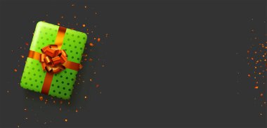 Kırmızı fiyonklu yeşil benekli hediye kutusu. Noel, doğum günü, Sevgililer Günü hediyesi. Mesaj için yer var. Vektör tatil illüstrasyonu.